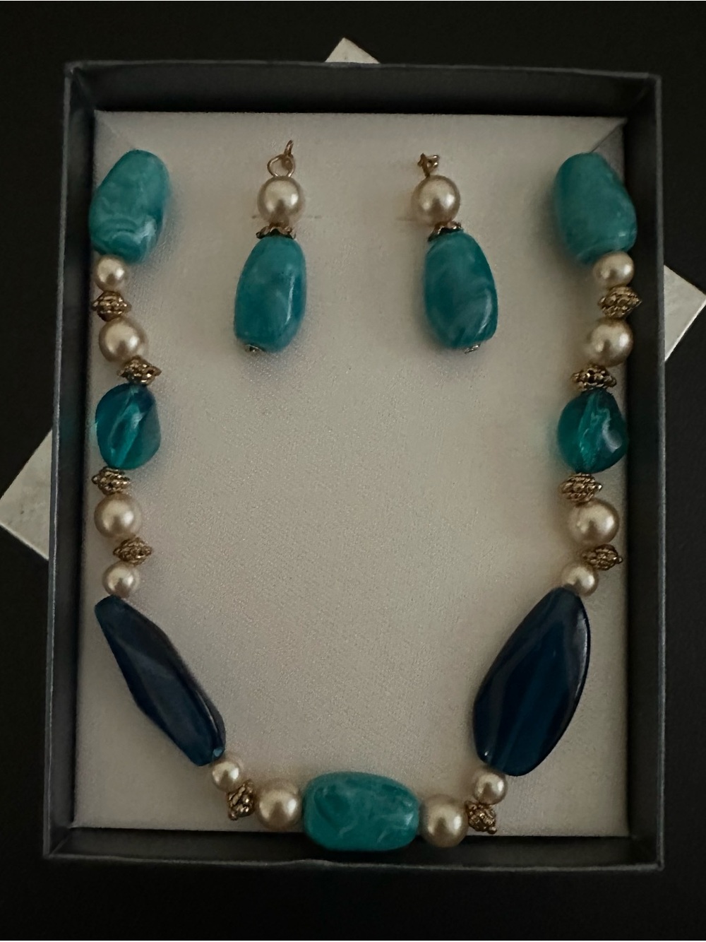 Vintage Beach:Boho Vibes Turquoise Pearl Bead Necklace with Matching Earrings